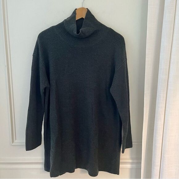 Eileen Fisher Marino Wool Turtleneck Tunic Swearer Dark Gray/Green XS NWT - Picture 1 of 10